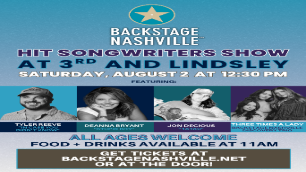 BACKSTAGE NASHVILLE! DAYTIME HIT SONGWRITERS SHOW featuring Tyler Reeve ,  Deanna Bryant  ,  Jon Decious &  Three Times A Lady