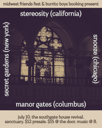 MWFF & Burrito Boys Booking Present: Stereosity, Snooze, Secret Gardens, Manor Gates